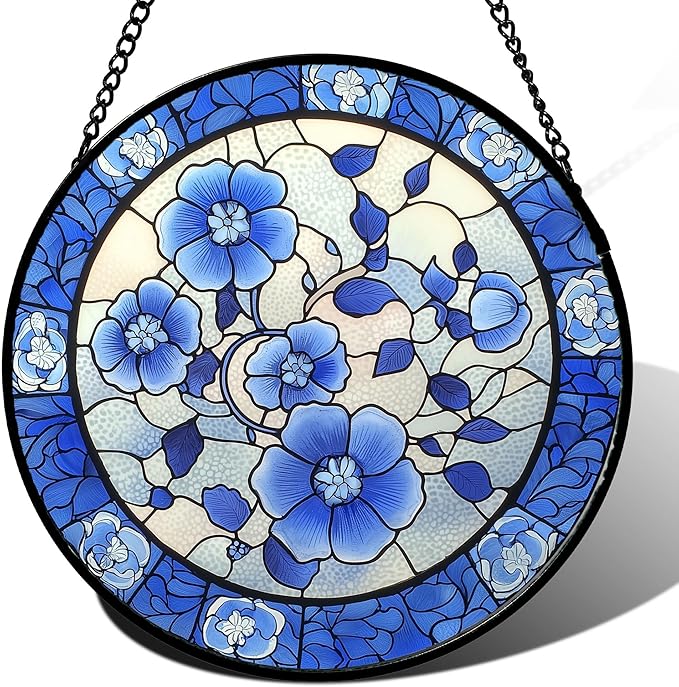 AMDERVEN Stained Glass Window Hanging, Blue and White Plum Blossom Sun Catcher for Door Home Decor Flowers Suncatcher Christmas Mother's Day Birthday Gifts for Women Men Mom and Nana 11.8 in