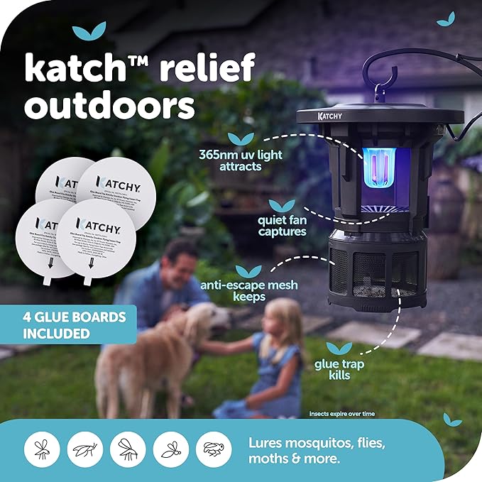 Katchy Outdoor Flying Insect Trap – Wall-Mounted Non-Zapper Trap for Catching and Killing Flies, Safe and Easy to Use (Black, 1 Device & 4 Refills)
