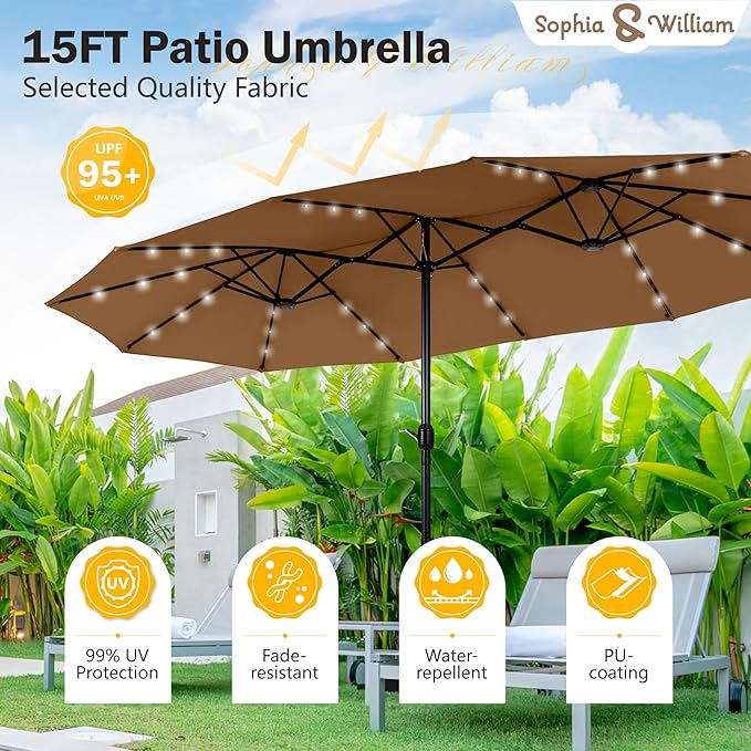 Sophia & William 15 ft Extra Large Patio Umbrella with Solar Lights, Rectangular Outdoor Umbrella with Base Included, Market Umbrella Double-sided Heavy Duty for Pool Garden Backyard, Tawny
