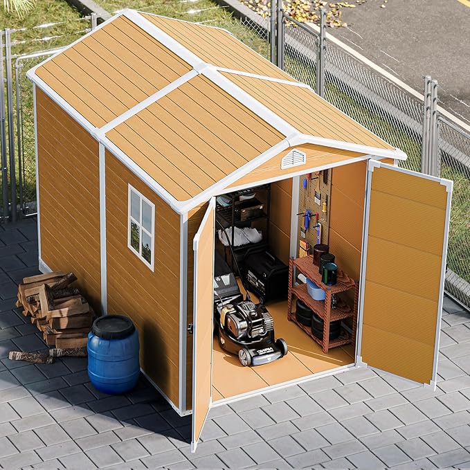 Plastic Sheds 6x8 Resin Outdoor Storage with Floor Included, Waterproof Lockable Garden Shed Tool Cabinet Brown