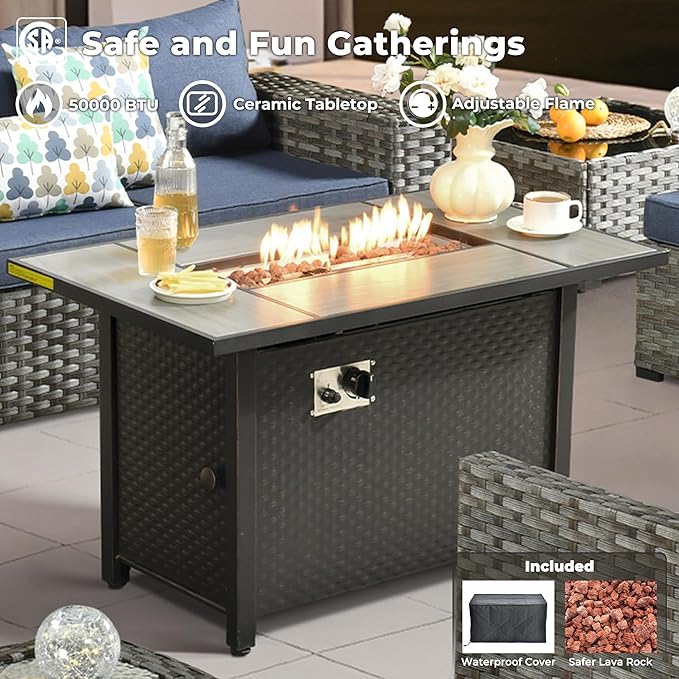ovios 9 Pieces Patio Furniture Set, Outdoor Wicker Sectional Sofa with 42" Firepit Table Swivel Chair, Modern Modular Deep Seat Rattan Couch Conversation Sets, Denim Blue