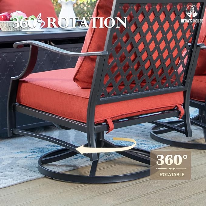 HERA'S HOUSE 5 Pieces Fire Pit Patio Furniture Set, 4 x Thick Cushioned Swivel Chairs with 28" Fire Pit Table (50,000 BTU), Outdoor Conversation Set for Garden Backyard Lawn, Red