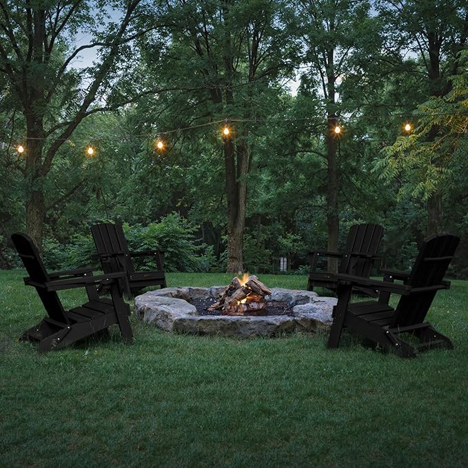 Folding Adirondack Chair, HDPE All-Weather Fire Pit Chairs, Plastic Adirondack Chairs with 2 Cup Holder, Outdoor Lawn Chair for Patio Garden (Black)