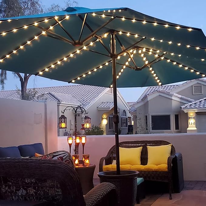 PURPLE LEAF 15ft Patio Market Umbrella with Solar LED and Base Double-Sided Rectangle Outdoor Table Sun Umbrellas with Crank for Pool Beach Deck Backyard Turquoise Blue
