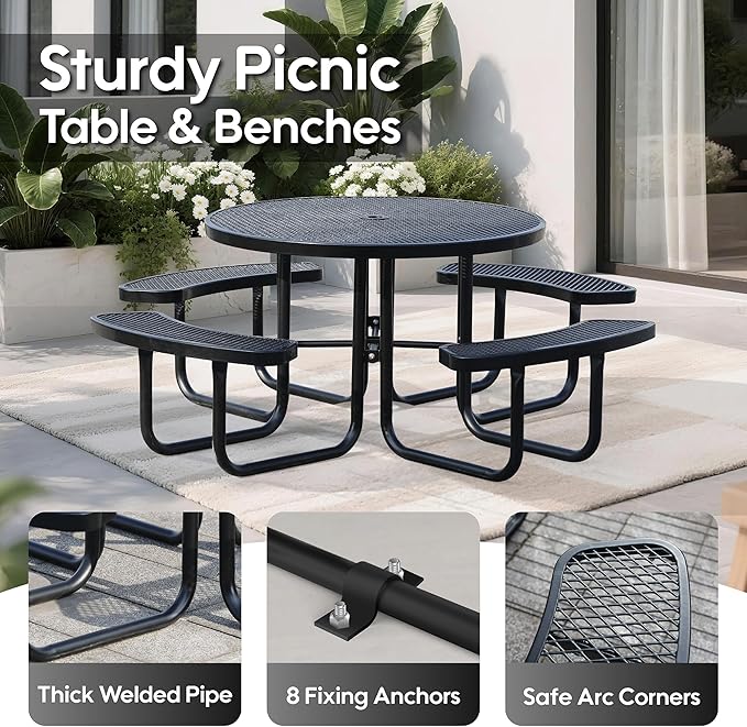 8-Person Outdoor Picnic Tables,46" Heavy-Duty Metal Round Picnic Table,Expanded Metal Commercial-Grade Table with 4 Benches & Umbrella Hole,Waterproof Coating Beach Table for Patio,Garden, Backyard