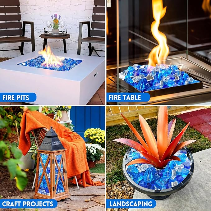GasSaf 1/2 Inch Fire Glass Reflective Tempered Fireglass Cut Crushed FireGlass for Fire Pit, Fireplace, Replaces Existing Gas Logs(20 Pound)(Cobalt/Caribbean Blue, Crystal Ice Reflective)