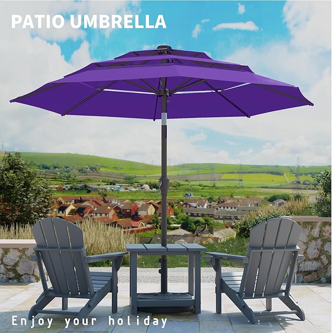 9FT 3 Tiers Patio Umbrella With Auto Tilt And Crank, Outdoor Table Market Umbrella with 8 Sturdy Ribs for Garden, Lawn, Deck, Backyard and Pool