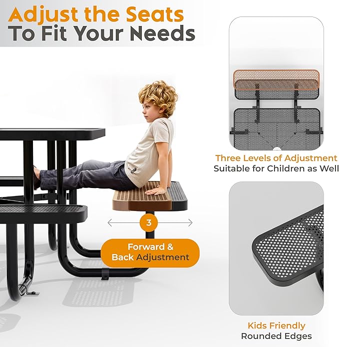 Metal Picnic Tables for Outdoors with Umbrella Hole - Coated Steel Heavy Duty Commercial Grade Furniture with Adjustable Seats (Black, 46 in, Square, Punched Steel)