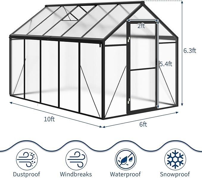 6x10 FT Greenhouse, Polycarbonate Walk-in Greenhouse for Outdoors with Roof Vent & Lockable Outward-Opening Swing Door, Heavy-Duty Aluminum Green House for Garden, Backyard, Patio, Lawn, Dark Grey