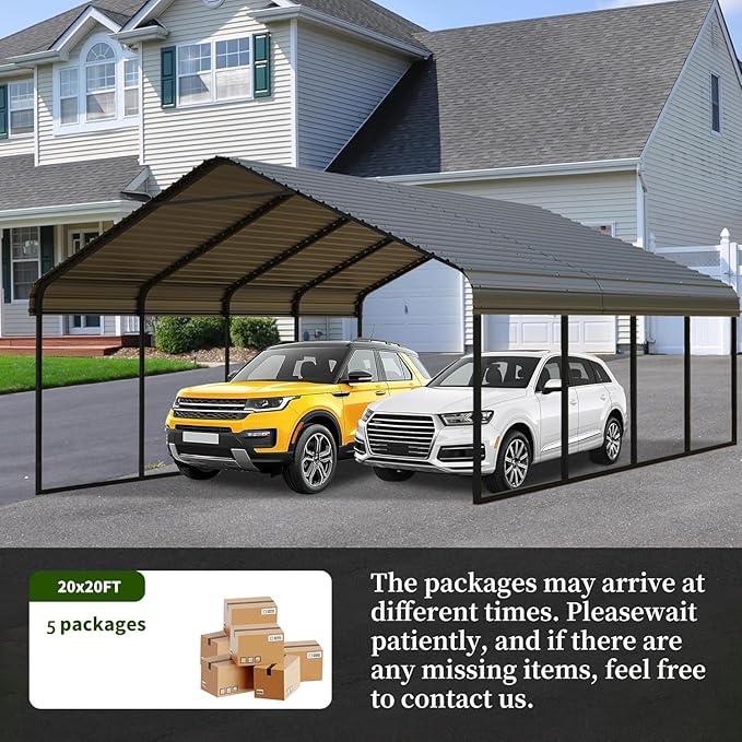 20x20 ft Metal Carport & Portable Garage, Heavy Duty with Galvanized Steel Roof & Frame - Large Tall Carports Canopy for Snow, Grey for Outdoor Garages