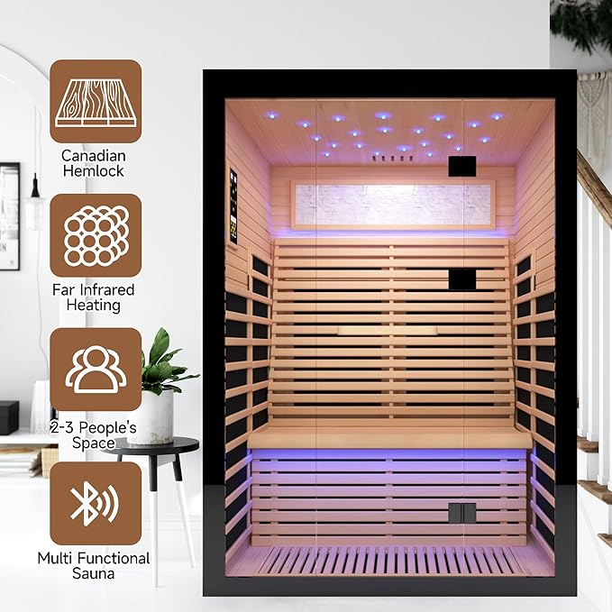 2 Person Infrared Sauna for Home-Luxury Spa with Exclusive Star Sky Roof & Oxygen Bar, 8 Low EMF Graphene Heaters, Bluetooth
