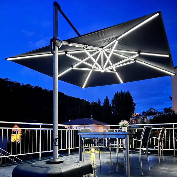 PURPLE LEAF 10 Feet Double Top Deluxe Solar Powered LED Square Patio Umbrella Offset Hanging Umbrella Outdoor Market Umbrella Garden Umbrella, Black