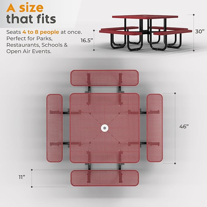 Metal Picnic Tables for Outdoors with Umbrella Hole - Coated Steel Heavy Duty Commercial Grade Furniture with Adjustable Seats (Red, 46 in, Square, Punched Steel)
