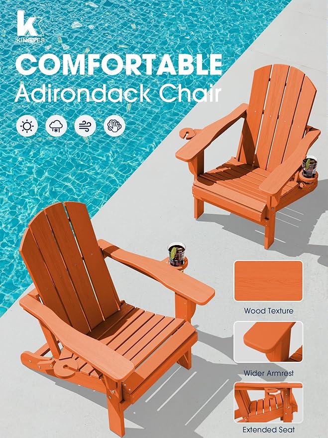 KINGYES Folding Adirondack Chair Set of 4, Dual Cup Holders & All-Weather HDPE, Wood-Like Patio Chair for Backyard, Camping, Pool & Fire Pit, Orange