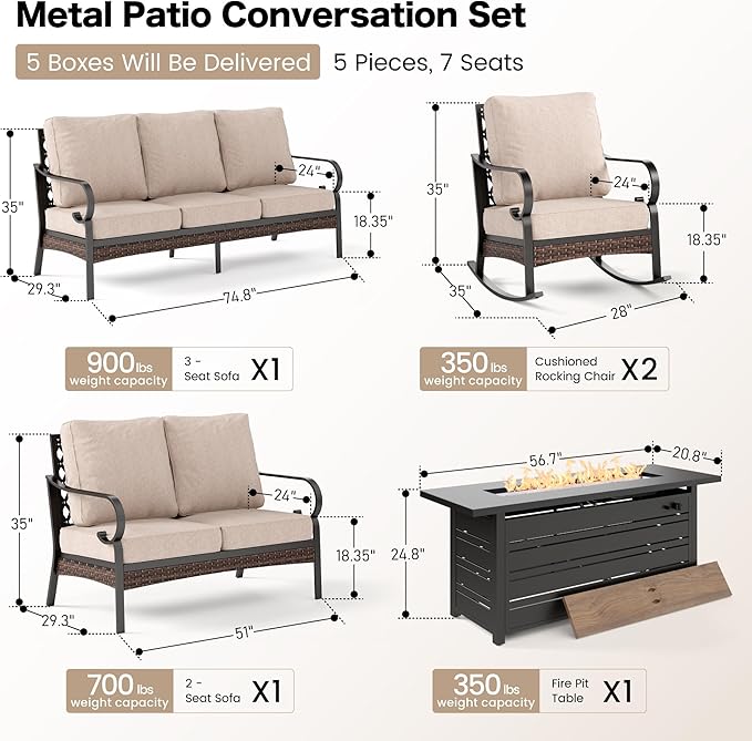 SUNSHINE VALLEY 5 Piece Metal Outdoor Patio Furniture Set with Firepit Table, Patio Conversation Sets 1 3-Seater Sofa, 2-Seater Loveseat, 2 Rocking Chairs with 5.75" Cushion for Backyard Deck, Beige