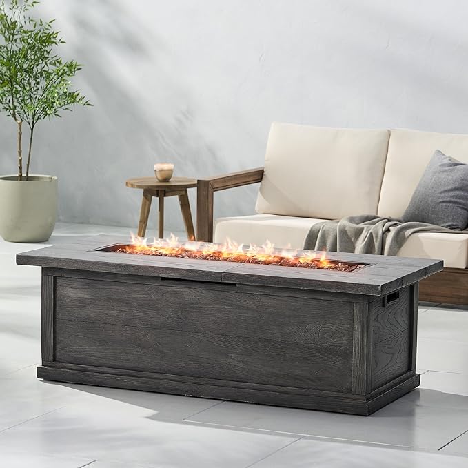 Outdoor Propane Fire Pit Table for Outside Patio, 56 Inch Concrete Fire Pit Table, Rectangle Gas Fire Pit for Garden, Pool, Backyard, 50,000 BTU, Free Lava Rocks, Gray Wood Pattern