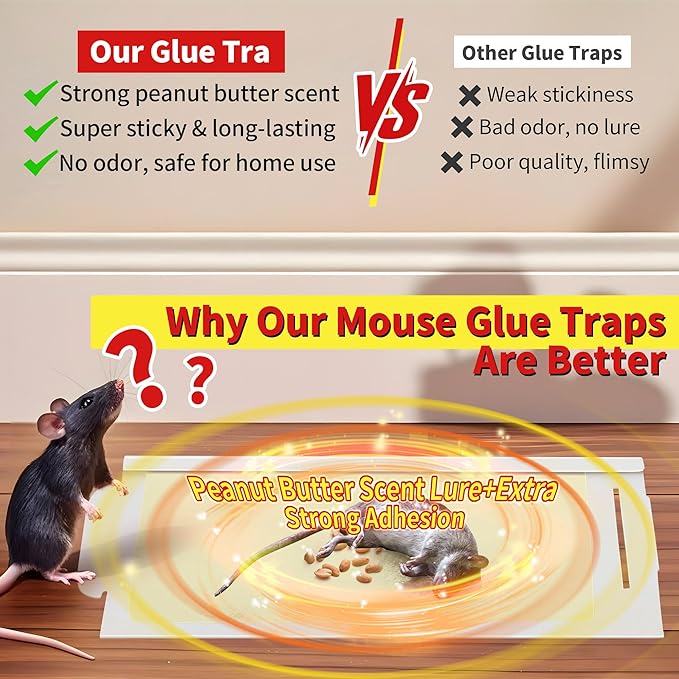 Qualirey 10 Pack Sticky Mouse Traps, Pro Strength Mouse Glue Board Indoor for Home, Glue Traps for Mice and Insects, Peanut Butter Pre-Scented and Non Toxic,Indoor Pest Control, 8 X 5.5 Inch