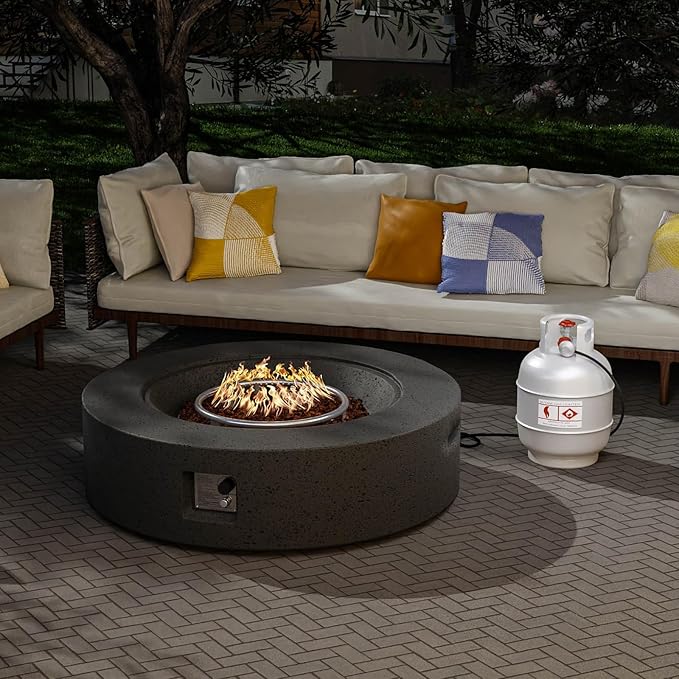 SUNBURY Outdoor Travertine Fire Pit Table, 42 inches Round Propane Gas Patio Fire Pit 50,000 BTU Concrete, Circular Base Firepit with Lava Rocks, Waterproof Cover (Grey)