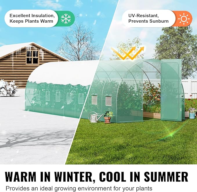 VEVOR Walk-in Tunnel Greenhouse, 27.4x9.5x7.4 ft Hoop House Greenhouse Tunnel, Plant Hot House with Galvanized Steel Frame, Green PE Cover, Swing Door and 16 Roll-up Windows for Outdoor