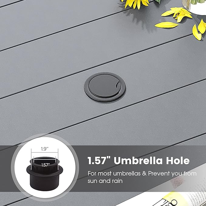 DIFY 60" Round Outdoor Patio Dining Table for 8-10, Metal Patio Table with 1.57" Adjustable Umbrella Hole, All-Weather Dining Furniture Table for Backyard Lawn Garden, Grey