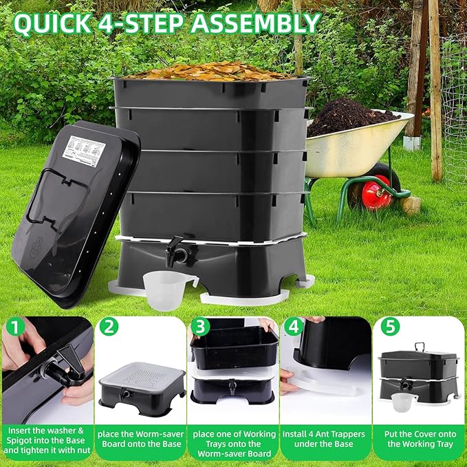 5-Tray Worm Compost Bin, Worm Composter for Outdoor & Indoor, 5-Tray ecocultivatify Wormie's Home Plus, Worm Bin Set for Recycling Household Waste (Black)