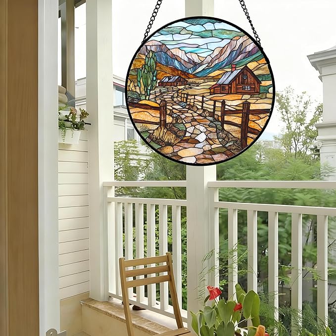 QZQCBLC Stained Glass Window Hanging Mountain Ranch Rural Life Large 15" - Cactus Suncatcher Door Terrace Garden Sun Catcher Home Decor Birthday Christmas for Mom Men Woman Friend
