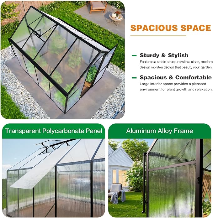 6x8 FT Greenhouse for Outdoors, Polycarbonate Green House with Adjustable Roof Vent and Rain Gutter, Aluminum Large Walk-in Greenhouse with Quick Setup Structure for Outside Garden Backyard Patio
