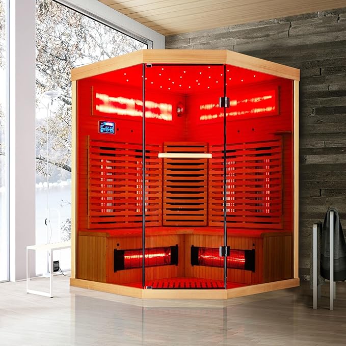 3-4 Person Infrared Home Sauna-Corner Sauna Spa Room w/Himalayan Salt Therapy & Starry Sky Spa,Canadian Hemlock, Tempered Glass (220V, ETL Certified)