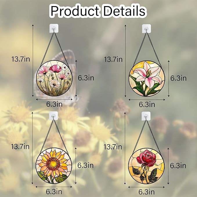 AMDERVEN Stained Glass Window Hanging 4 Pcs Set Lily Rose Sunflower Poppy 6.3" - Flower Suncatcher Door Garden Sun Catcher Decor Birthday Mother's Day for Wife Woman Nana Girl