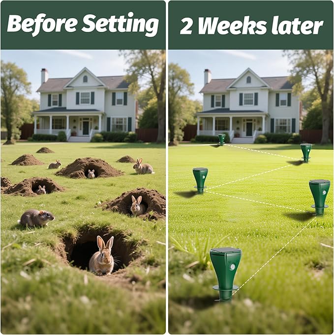 8 Packs Mole Repeller for Lawns，Solar Powered Vole Repellent Ultrasonic Pest Control Stake, Waterproof Sonic Pulse Deterrent for Gopher Vole Snake in Lawn, Garden & Yard