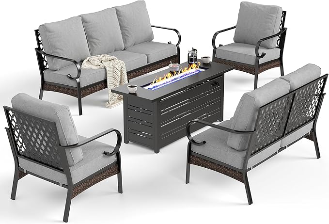 SUNSHINE VALLEY 5 PCS Metal Outdoor Patio Furniture Sets with Firepit Table, Patio Conversation Sets 1 3-Seater Sofa, 1 2-Seater Loveseat, 2 Single Sofa with 5.75" Cushion for Backyard, Light Gray