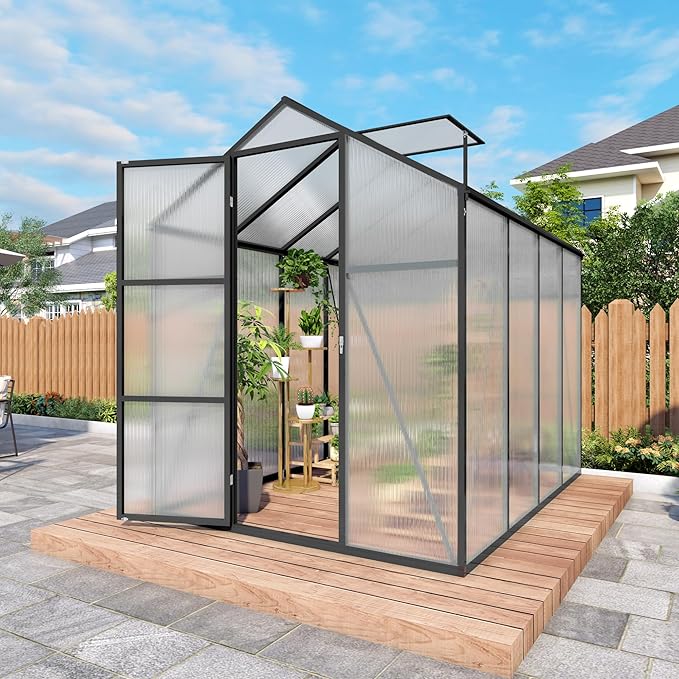 KEIKI 6x8 FT Polycarbonate Greenhouse for Outdoors, Heavy-Duty Aluminum Walk-in Greenhouse with Raised Base, Roof Vent & Drainage System, All-Season Garden Greenhouse, Black