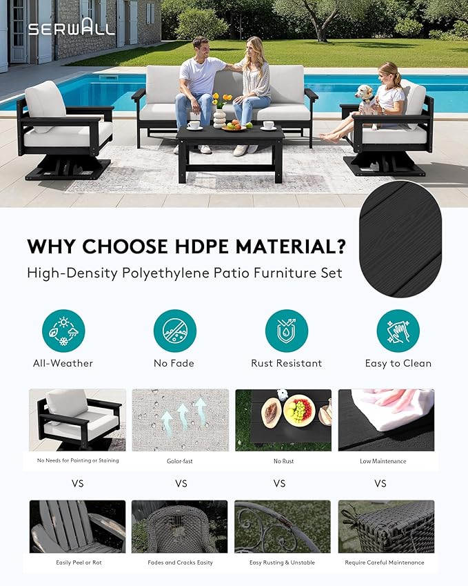 SERWALL HDPE Outdoor Patio Furniture Set, All-Weather 3-Seater Couch with 2 Single Seat Swivel Sofas with Thick Cushions for Lawn, Deck, Black Frame with Beige Cushions