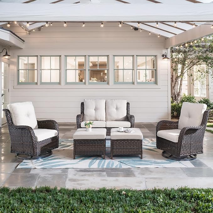 Belord 5 Piece Outdoor Patio Furniture Set - Wicker Furniture Patio Conversation Set, Outdoor Swivel Rocker Chairs with Loveseat Sofa and 2 Ottomans for Small Space, Beige Cushion
