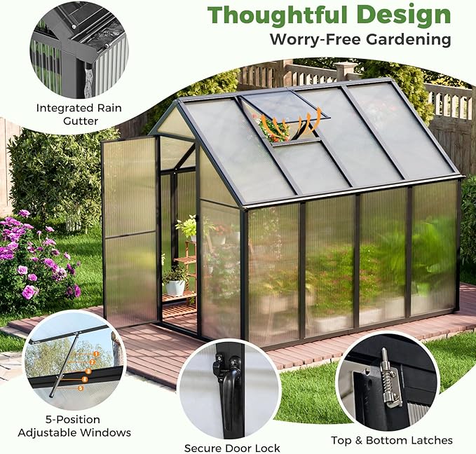 6'x8' Snap-Together Greenhouse - Easy 3-Way Connectors, Heavy-Duty Aluminum Frame, Wind/Snow Resistant for Gardening/Urban Farming, Includes Sliding Door and Ventilation Windows