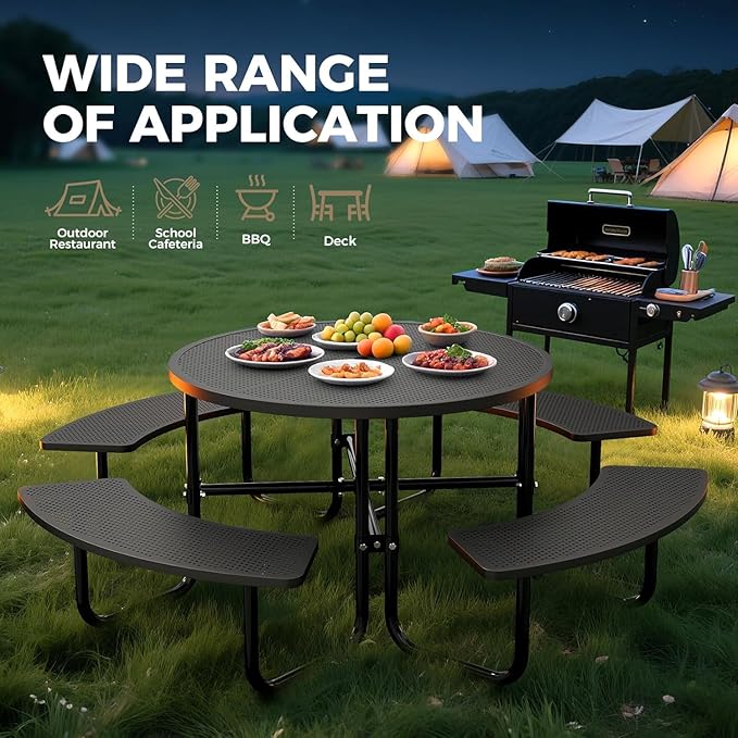 KUFUH 46" Coated Round Metal Picnic Table for 4-8 Person, Durable Heavy Duty Commercial Picnic Table with Umbrella Hole for Outdoor Coffee Shop, School, Easy to Install, Black