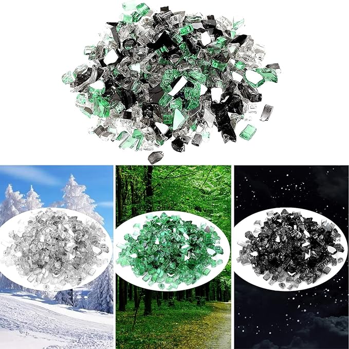Onlyfire 10 Pounds Blended Reflective Fire Glass for Fire Pit Fireplace and Landscaping, 1/4 Inch Mixed Colored High Luster Fireglass Rocks for Outdoor ＆ Indoor - Onyx Black+Platinum+ Light Green