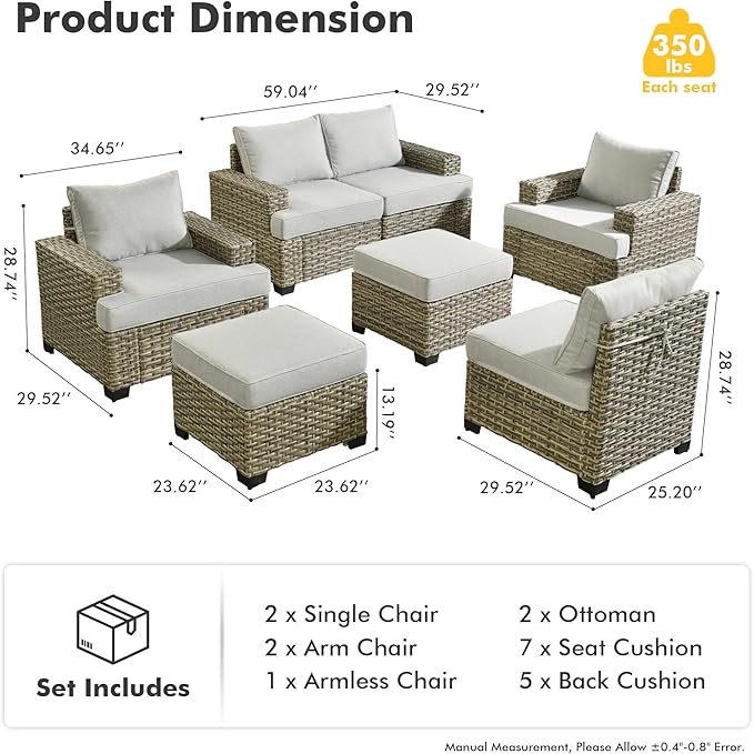 HOOOWOOO Outdoor Sectional Patio Furniture Set,7 Pieces Wicker Conversation Sets,Extra Deep Out Door Sofa Outside Furniture Couch with Ottoman,Light Gray