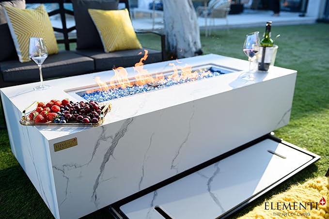 Elementi+ | Bundle Carrara Gas Fire Pit | Marble Porcelain & Metal Frame | 60" Rectangular Fire Table | Electronic Ignition | Canvas Cover, Fire Glass & Burner Lid Included | White | Propane Gas
