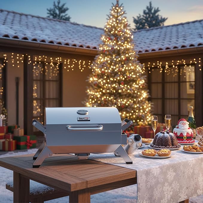 Stainless Steel Portable Grill with Two Handles and Travel Locks, Tabletop Propane Gas Grill with Folding Legs, 10000 BTU, for Picnic Cookout, GT2001, Silver