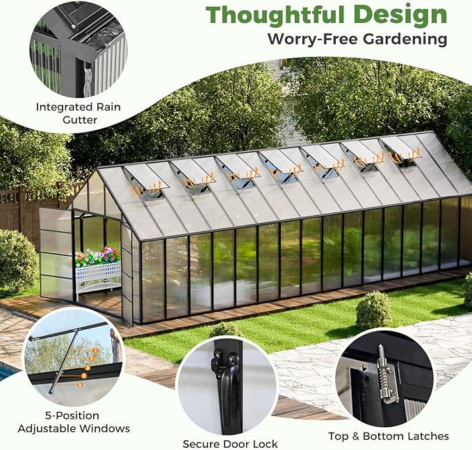 32x10x10 FT Outdoor Greenhouse, Easy Assembly Large Thicker Aluminum Polycarbonate Kit, 7 Vent Windows, Walk-in, for Outside, Sunroom, Patio, Backyard