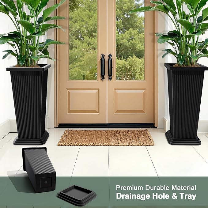Tall Planters Set of 2, Large Indoor Outdoor Flower Pots with Tray Modern Tapered Planter for Patio, Garden, Porch, Backyard (Black Ribbed)