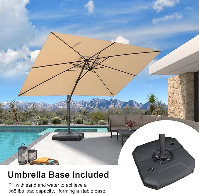 PURPLE LEAF 9' × 11.5' Outdoor Cantilever Umbrella with Base Patio Rectangle Adjustable Offset Umbrellas with 360-degree Rotation and 8 Heavy Duty Metal Ribs for Garden Deck Pool Beige