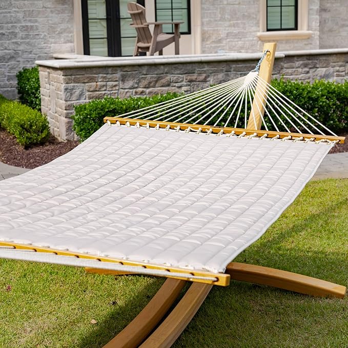 Original Pawleys Island Large Antique Beige Sunbrella Quilted Hammock – 13 ft. x 55 in., 2-Person, 450 lb Capacity, Oak Spreader Bar, Handcrafted in The USA