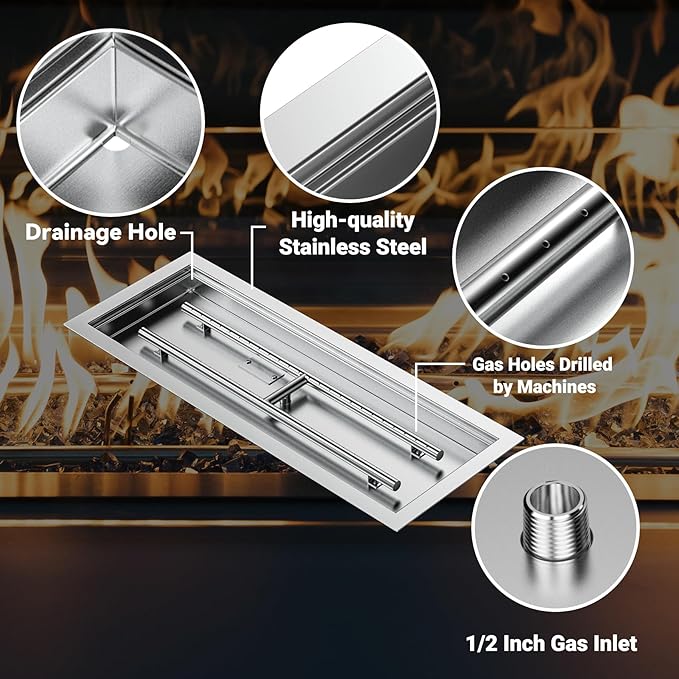 Skyflame 24 x 8 Inch Rectangular Fire Pit Pan Kit, Stainless Steel Drop-in Fire Pit Pan and Burner, Come with Spark Ignition and Propane Hose, Indoor/Outdoor Fire Table DIY Decorative