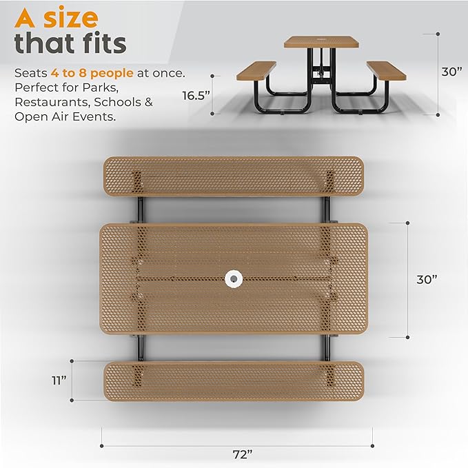 Commercial Heavy-Duty Metal Picnic Table - ADA Compliant, Adjustable Seats, Umbrella Hole (Brown, 6' Rectangular, Punched Steel)