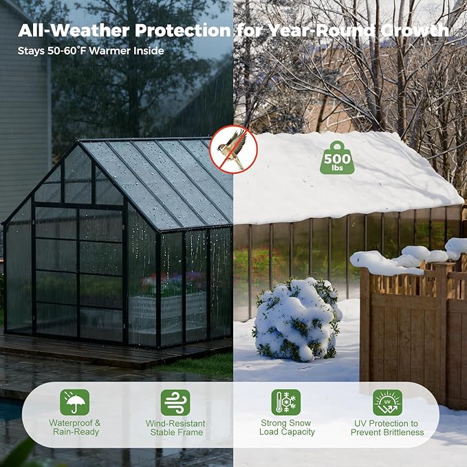 32x10x10 FT Outdoor Greenhouse, Easy Assembly Large Thicker Aluminum Polycarbonate Kit, 7 Vent Windows, Walk-in, for Outside, Sunroom, Patio, Backyard