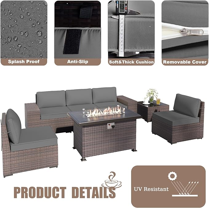Kurapika 10 Pieces Patio Furniture Set, Rattan Wicker Outdoor Conversation Sets w/43in Propane Fire Pit Table, Swivel Rocking Chairs Patio Sectional Sofa w/4 Inch Cushion, Grey