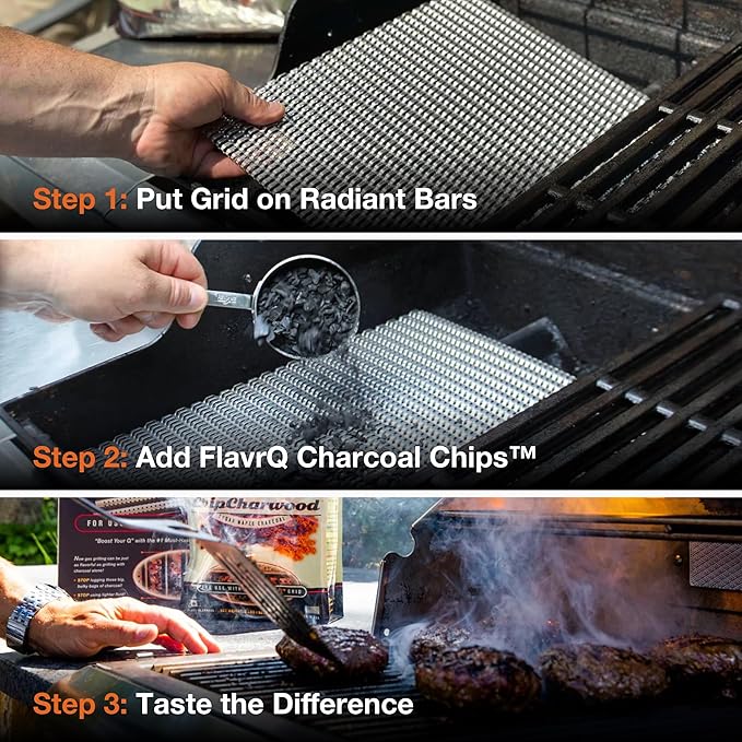 FlavrQ Starter Kit (Charcoal Grid and Charcoal Chips 2lbs) Convert Gas Grill to Charcoal in Minutes - All-Natural Hardwood Charcoal - Save time Compared to Cooking on Conventional Charcoal Grill.