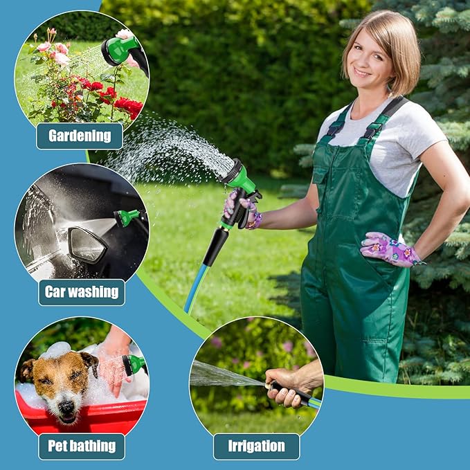 Heavy Duty Garden Hose 5/8" 100FT: Flexible Rubber Water Hose with 10 Function Sprayer - Leakproof Hose Male to Female Fittings - Durable Hose for Yard, Lawn, Car Wash, Outdoor, Green